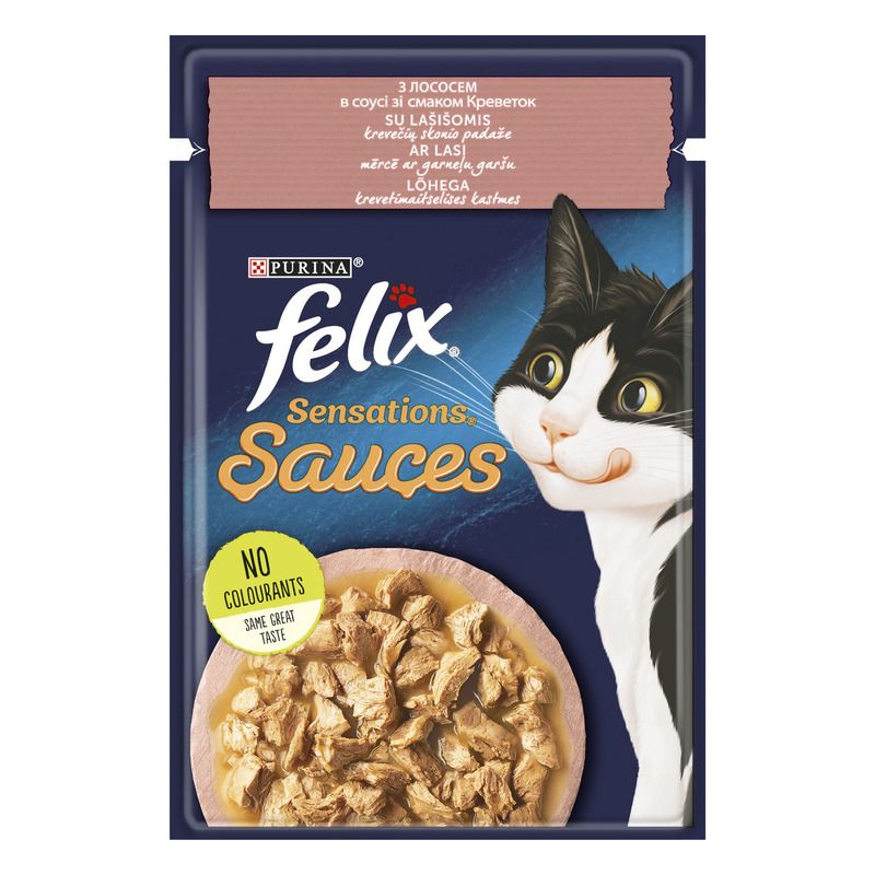 Корм для котят Purina Felix Sensations кусочки в желе лосось с креветками, 85г.