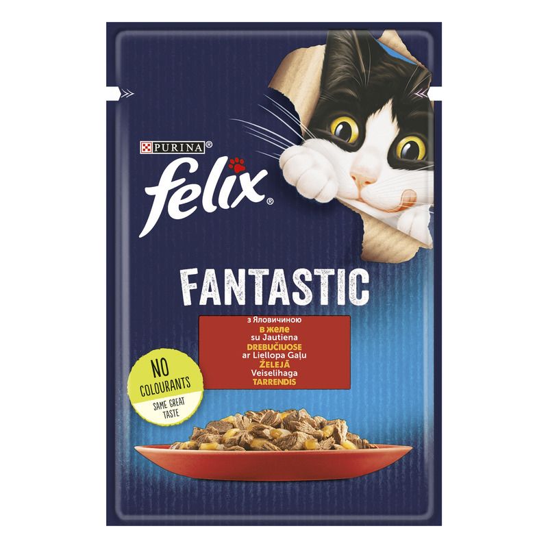 Корм для кошек Purina Felix Fantastic кусочки в желе с говядиной, 85г.