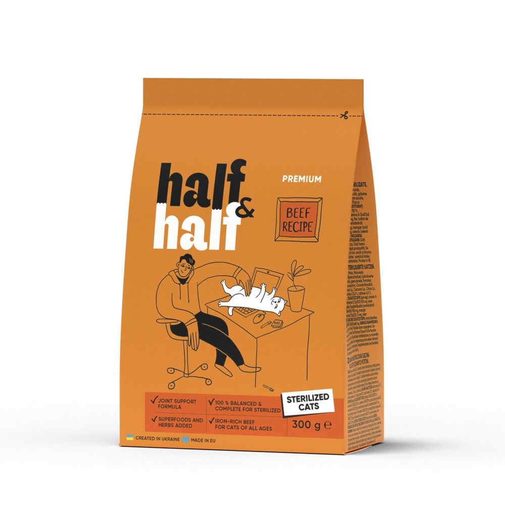 Корм для кошек Half&Half Sterilised, для стерилизованных кошек, с говядиной 300 г